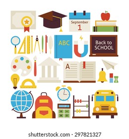 Flat Style Vector Collection of Back to School and Education Objects Isolated over White. Science and Education Colorful Objects. University and College Instruments. Set of Learning and Study Items