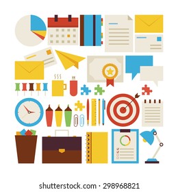 Flat Style Vector Collection of Business Workplace and Office Objects Isolated over White. Collection of Business Strategy Colorful Objects. Set of Success and Workspace Items. Design Elements