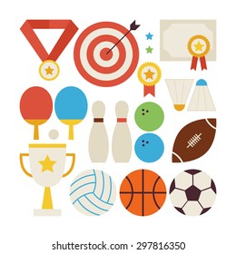 Flat Style Vector Collection of Sport Recreation and Competition Objects Isolated over White.Set of Sports and Activities Illustrations. Team Games. First place. Collection of Sport Items