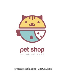 Flat style vector colorful illustration of funny muzzle of cat and smiling fish. Logo icon design template. Abstract concept for pet shop or veterinary. 