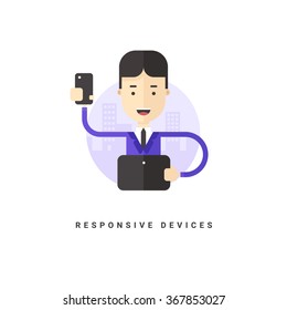 Flat Style Vector Conceptual Illustration. Businessman with Smartphone. Responsive Devices