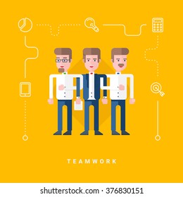 Flat Style Vector Conceptual Illustration. Three Businessmen Holding Each Others Hands