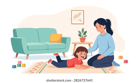 Flat style vector of a crying girl throwing a temper tantrum on the carpet while her mom helps. Perfect for child behavior tips, tantrum guides, and parenting blogs