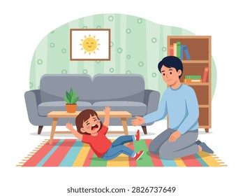 Flat style vector of a crying girl throwing a temper tantrum on the carpet while her mom helps. Perfect for child behavior tips, tantrum guides, and parenting blogs