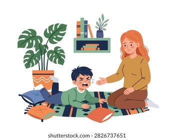 Flat style vector of a crying girl throwing a temper tantrum on the carpet while her mom helps. Perfect for child behavior tips, tantrum guides, and parenting blogs