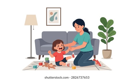 Flat style vector of a crying girl throwing a temper tantrum on the carpet while her mom helps. Perfect for child behavior tips, tantrum guides, and parenting blogs