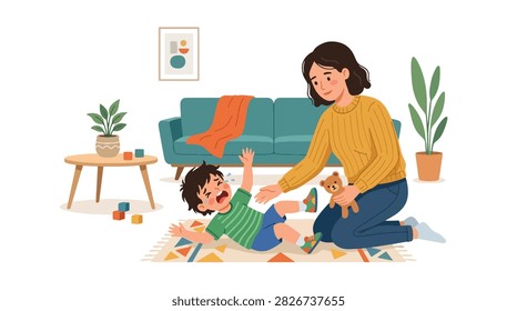 Flat style vector of a crying girl throwing a temper tantrum on the carpet while her mom helps. Perfect for child behavior tips, tantrum guides, and parenting blogs