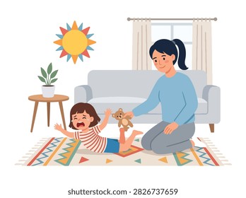 Flat style vector of a crying girl throwing a temper tantrum on the carpet while her mom helps. Perfect for child behavior tips, tantrum guides, and parenting blogs