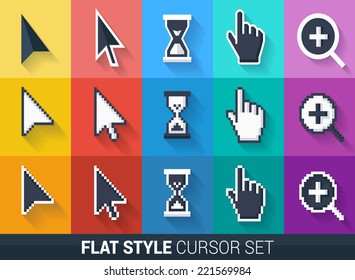 Flat style vector cursors with long shadows, on colorful background. Smooth and pixel cursors icons.