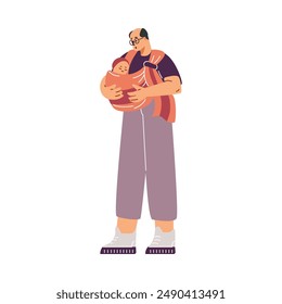 Flat style vector: dad with baby in a carrier providing safety and ease of movement. Ideal graphics for design and family-themed projects. Full length character on an isolated background.