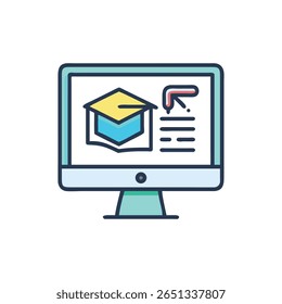 Flat style vector depicts a computer monitor displaying a graduation cap and educational content for online learning experiences.