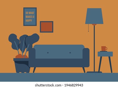 Flat style vector design of cozy furniture, plant, lamp, frame, and little items you find at home with indigo and orange color palette