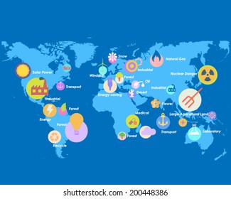 Flat Style Vector Design Ecology, Energy, Transport Icons on World Map 