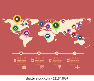 Flat Style Vector Design and Infographics Icons on World Map 