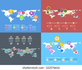 Flat Style Vector Design and Infographics Icons on World Map Collection