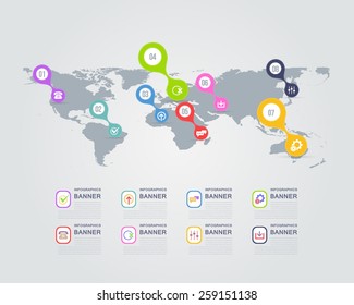 Flat Style Vector Design and Infographics Icons on World Map 