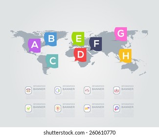 Flat Style Vector Design and Infographics Speech Bubble Icons on World Map