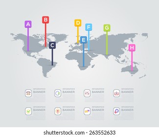 Flat Style Vector Design and Infographics on World Map