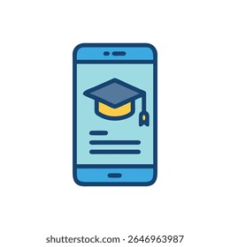 A flat style vector design of online education on a mobile device. Graduation cap centered on light blue background.