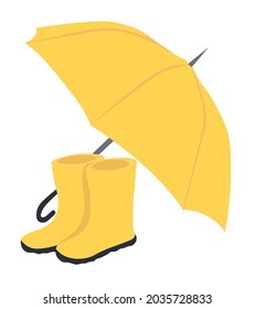 Flat style vector design with yellow rubber boots and umbrella. Clothes for rainy weather. Seasons - Autumn, Spring, Summer. 