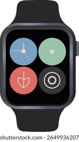 Vetor de estilo plano de um smartwatch digital com ícones coloridos modernos de IU. Design limpo e mínimo, ideal para projetos de tecnologia, interface do usuário ou relacionados a dispositivos. Fundo branco para fácil utilização.