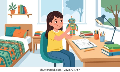Flat style vector of a distracted kid playing with a toy robot instead of doing his schoolwork. Perfect for focus tips, study habits, and parenting advice blogs