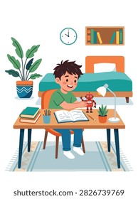 Flat style vector of a distracted kid playing with a toy robot instead of doing his schoolwork. Perfect for focus tips, study habits, and parenting advice blogs