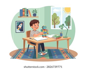 Flat style vector of a distracted kid playing with a toy robot instead of doing his schoolwork. Perfect for focus tips, study habits, and parenting advice blogs