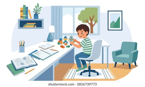 Flat style vector of a distracted kid playing with a toy robot instead of doing his schoolwork. Perfect for focus tips, study habits, and parenting advice blogs