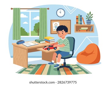Flat style vector of a distracted kid playing with a toy robot instead of doing his schoolwork. Perfect for focus tips, study habits, and parenting advice blogs