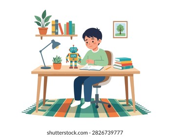 Flat style vector of a distracted kid playing with a toy robot instead of doing his schoolwork. Perfect for focus tips, study habits, and parenting advice blogs