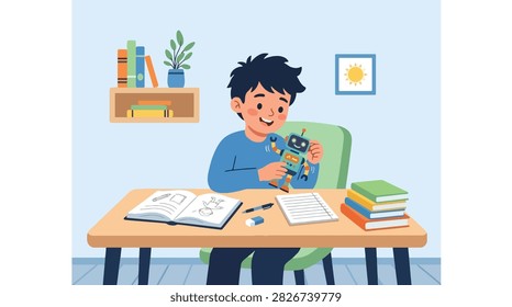 Flat style vector of a distracted kid playing with a toy robot instead of doing his schoolwork. Perfect for focus tips, study habits, and parenting advice blogs