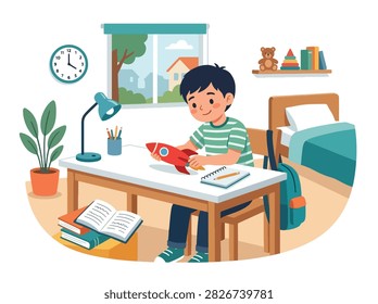 Flat style vector of a distracted kid playing with a toy robot instead of doing his schoolwork. Perfect for focus tips, study habits, and parenting advice blogs