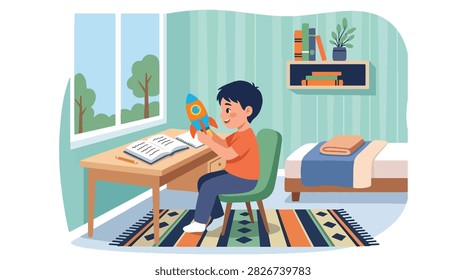Flat style vector of a distracted kid playing with a toy robot instead of doing his schoolwork. Perfect for focus tips, study habits, and parenting advice blogs