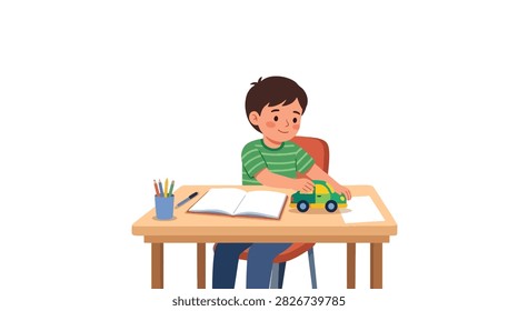 Flat style vector of a distracted kid playing with a toy robot instead of doing his schoolwork. Perfect for focus tips, study habits, and parenting advice blogs