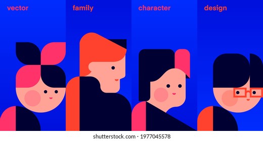 Flat Style Vector Family Illustration. Father, Mother, Kid. Group Of People. Simple, Minimalist Character Design. Man, Woman, Girl, Boy Face Illustration.