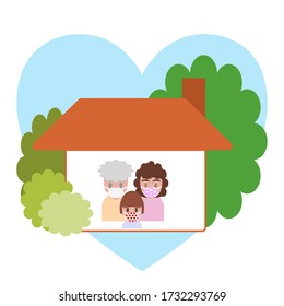 Flat style vector of family with parents and childen wearing masks to protect themselves from Covid-19 coronavirus. Illustration cartoon for quarantine campaign concept. Stay at home.