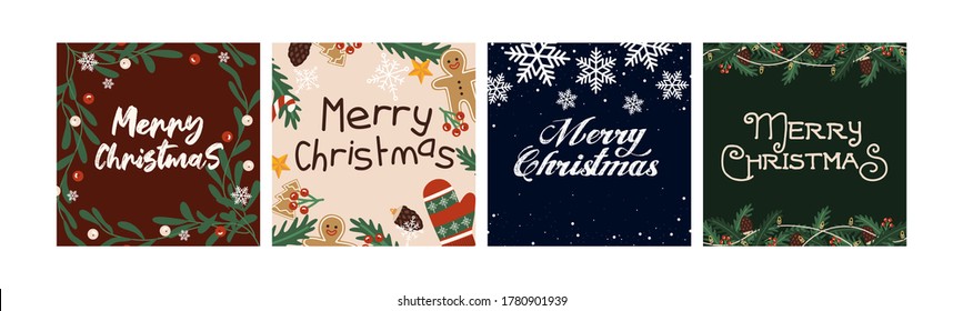 Flat style vector festive christmas greeting cards set illustration with typography. Merry christmas postcard templates banner for web and social media. Traditional winter holiday celebration concept.