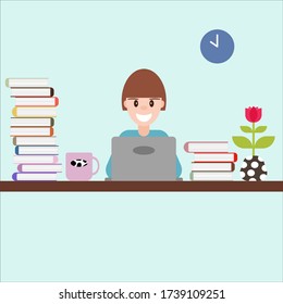 Flat style vector of a girl studying at home  Schoolgirl learning from labtop  and many books. Illustration cartoon for stay at home and coronavirus Covid-19 concept.