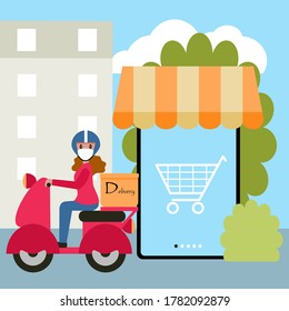 Vector de estilo plano de una chica que usa una máscara para montar en moto para entregar comida o bienes a los clientes de acuerdo a pedidos en línea. Ilustración para aplicación de compras, concepto de servicio de entrega en línea.