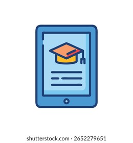 Flat style vector graphic of education concept on digital tablet. Blue tablet and light blue background with graduation cap illustration.