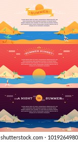 flat style vector graphic illustration. Sunrise, sunset and night in summer. Trip, travel, vacation in summer season. Using as banner, background, wallpaper, web template.