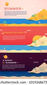 flat style vector graphic illustration. Sunrise, sunset and night in summer. Trip, travel, vacation in summer season. Using as banner, background, wallpaper, web template.