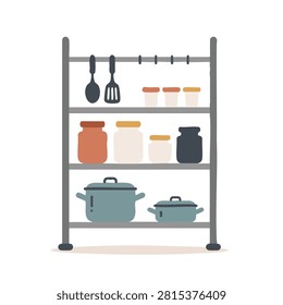 A flat style vector graphic showing a metal kitchen shelf filled with cooking pots, various storage jars, and hanging kitchen utensils.