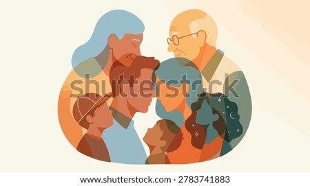A flat style vector graphic showing the side profile portraits of a grandfather, grandmother, mother, father, and young children. The minimalist design focuses on close family members looking towards each other to represent love and support.
