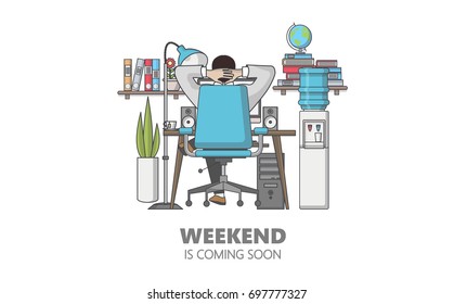 Flat Style Vector Graphics of Businessman Relax in the Office. Weekend coming soon.