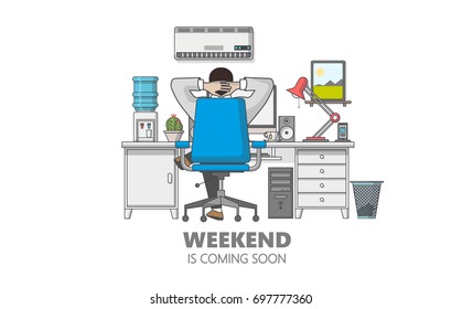 Flat Style Vector Graphics of Businessman Relax in the Office. Weekend coming soon.