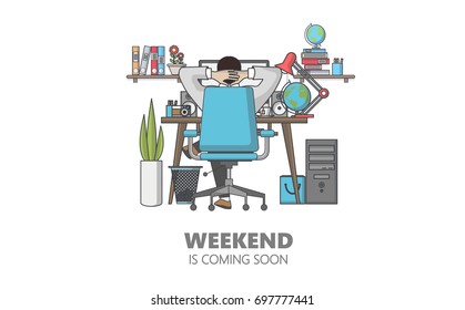 Flat Style Vector Graphics of Businessman Relax in the Office. Weekend coming soon.