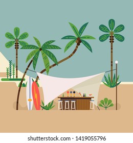 Flat style vector graphics on white canopy tent lounge bar. Summer seaside vacation themed background with cocktail bar, beach line, sea and palm trees