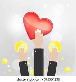 Flat style vector hand saving money, time, heart and idea. Isolated